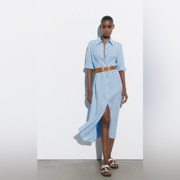 Zara Dresses & Skirts - Zara Blue Stripe Linen Blend  Button Up Shirt Dress | size XS